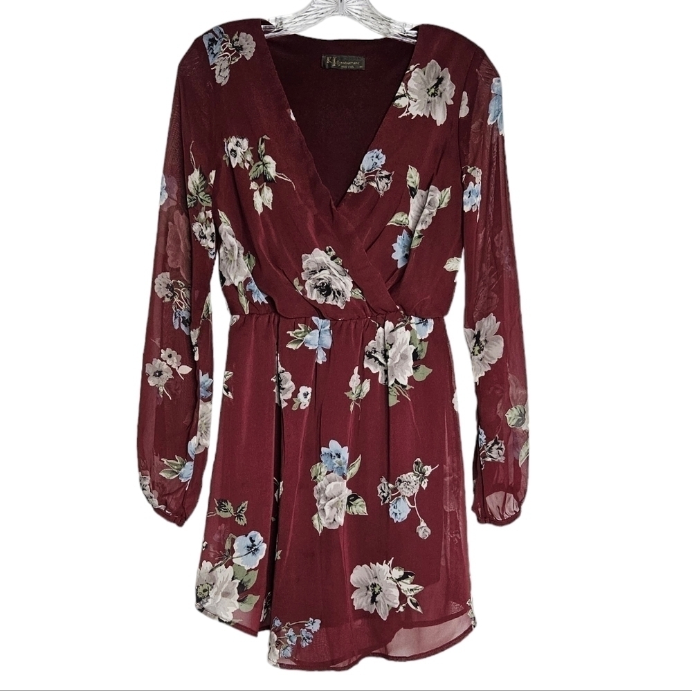 KLd Signature burgundy lined dress floral print w/ sheer long sleeves